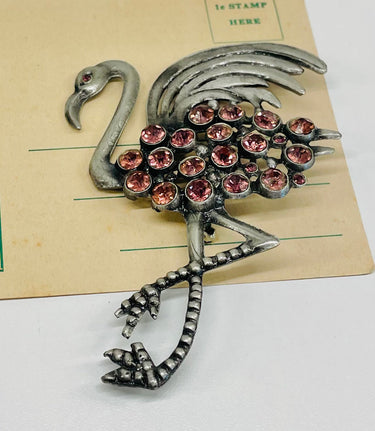 Vintage Silver Tone Pink Rhinestone Flamingo Brooch Jewelry Bloomers and Frocks